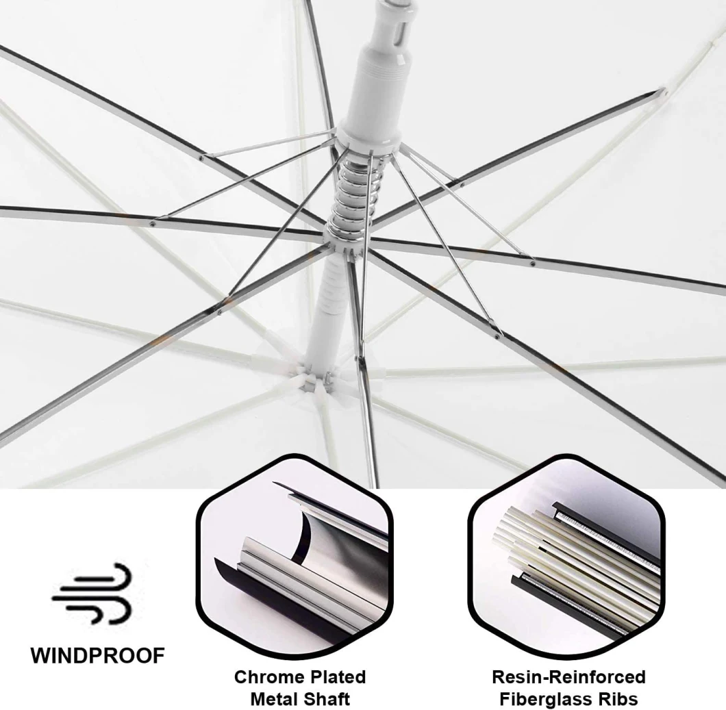 Wind-Defying Construction Wedding Style Stick Large Canopy Windproof Auto Open J Hook Handle Crystal Clear Poe Umbrella